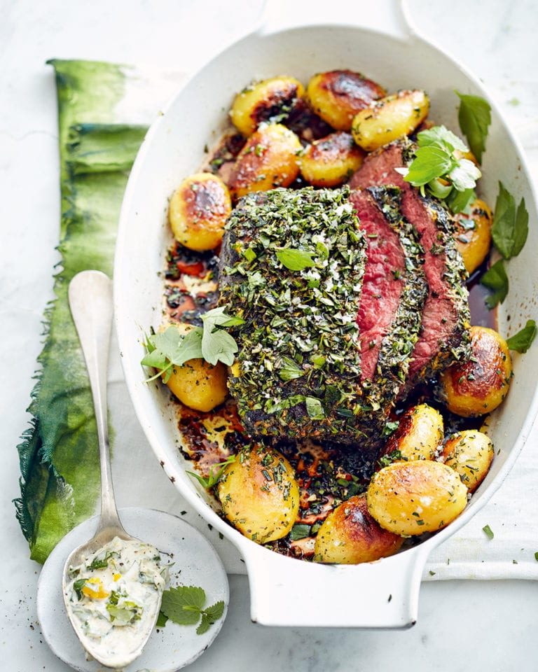 Herby dijon roast beef with rosemary potatoes