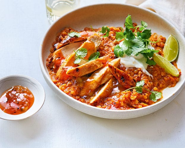 Grilled mango chicken with lentils and yogurt