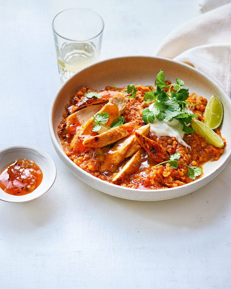 Grilled mango chicken with lentils and yogurt