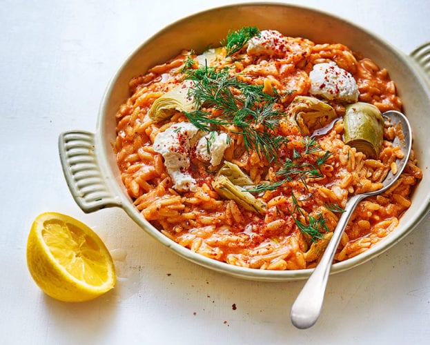 Creamy tomato orzo with artichokes and ricotta
