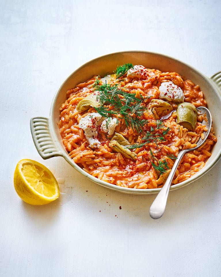 Creamy tomato orzo with artichokes and ricotta