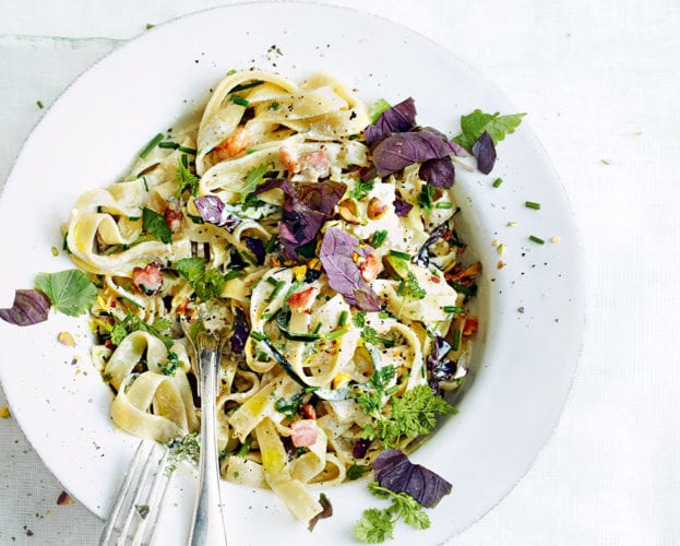 Pasta with crispy bacon, courgette and herbs