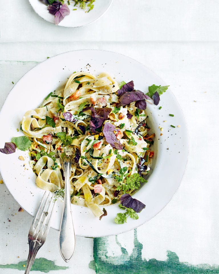 Pasta with crispy bacon, courgette and herbs