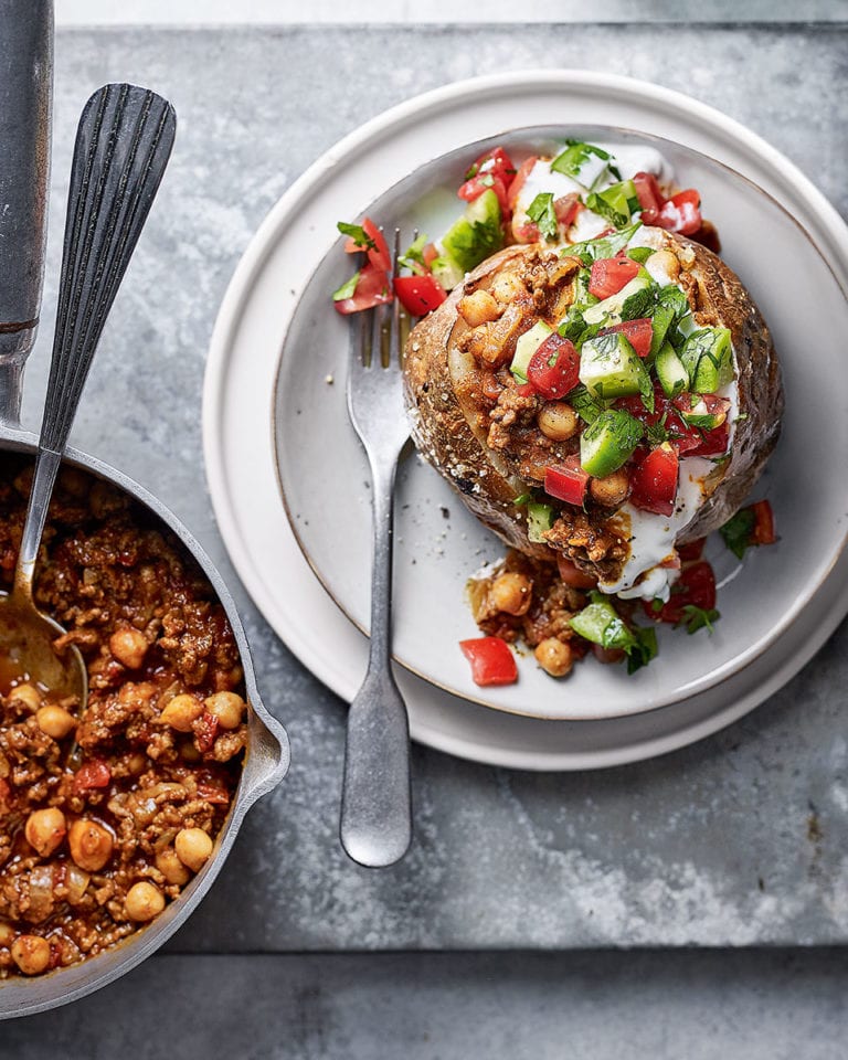 Spiced beef mince with jacket potatoes and yogurt