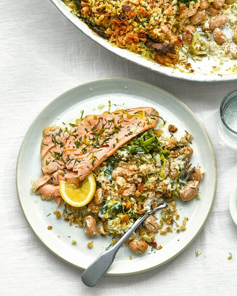 Baked rainbow trout and butter bean gratin