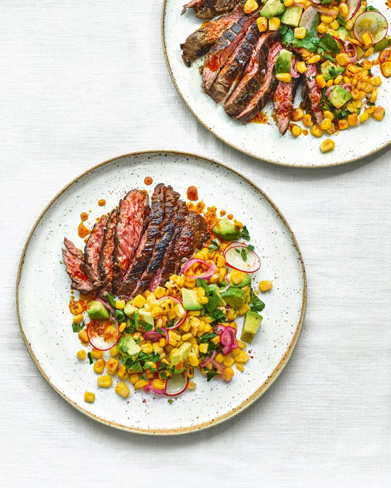 Steak with charred corn salsa and smoky butter