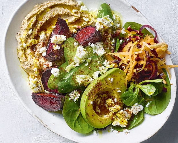 Houmous, beetroot and avocado salad