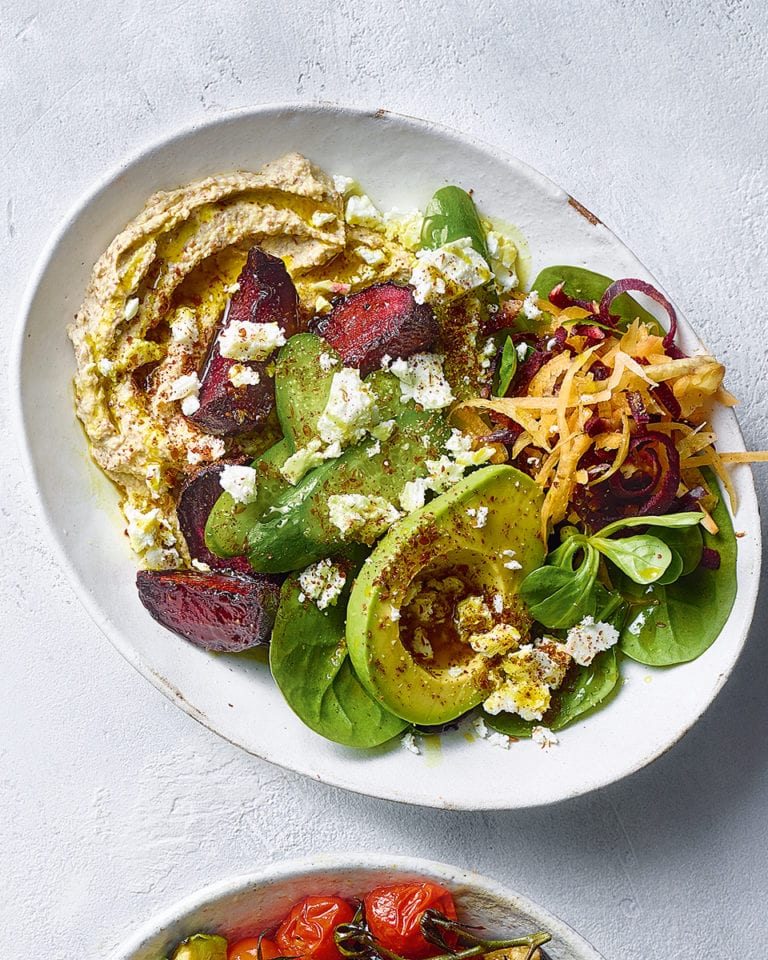 Houmous, beetroot and avocado salad