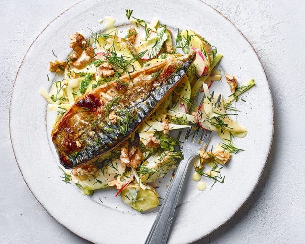 Grilled mackerel with apple and radish salad