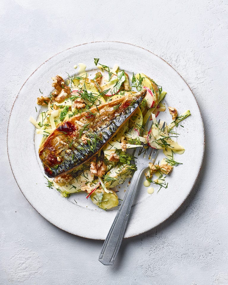 Grilled mackerel with apple and radish salad