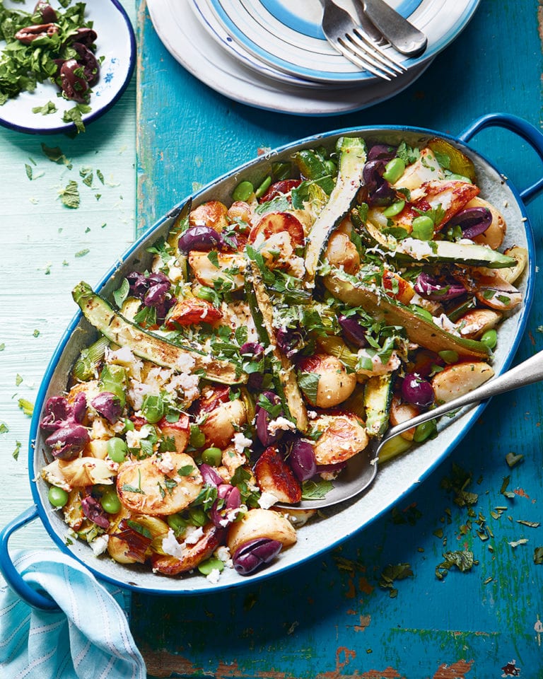 Baked feta and green veg potato salad