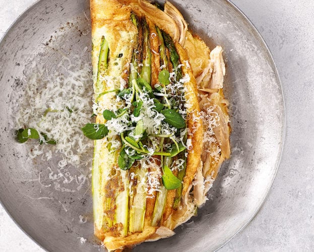 Roast chicken and asparagus soufflé omelette