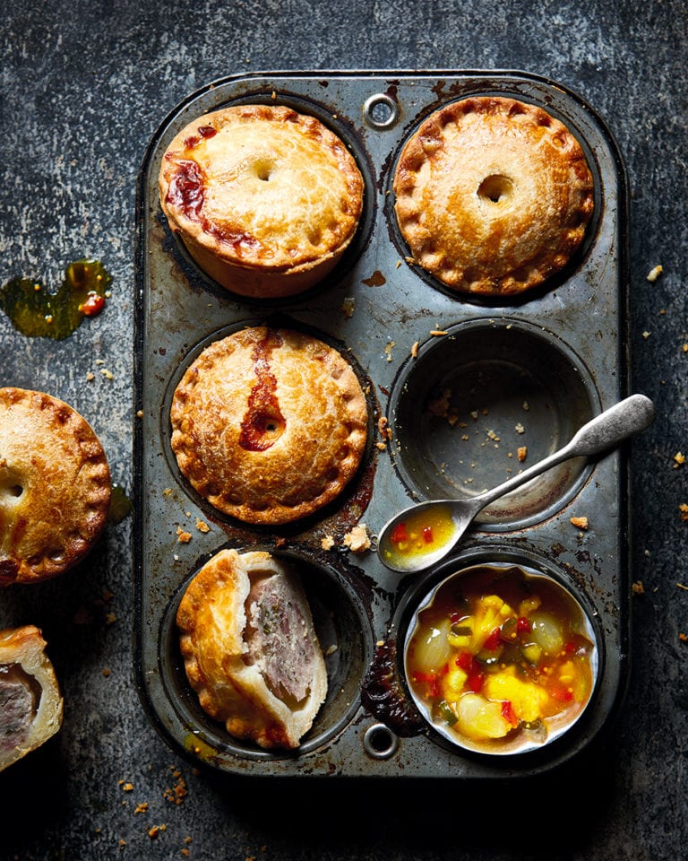 Mini pork pies with quick piccalilli