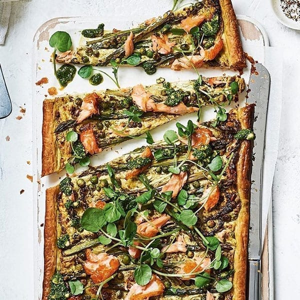 Hot-smoked salmon and asparagus tart