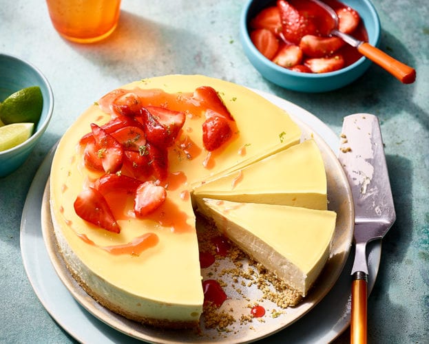Margarita cheesecake with tequila strawberries