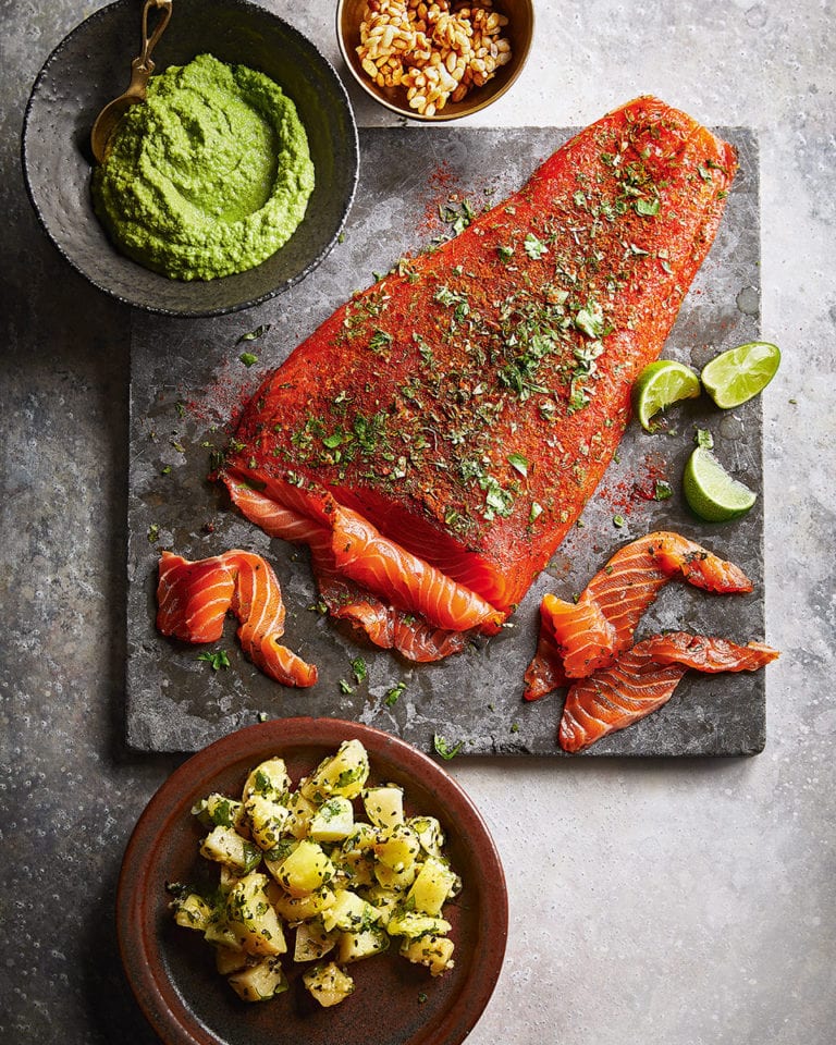 Cured wild salmon carpaccio with caramel jhalmuri, potato salad and pea chutney