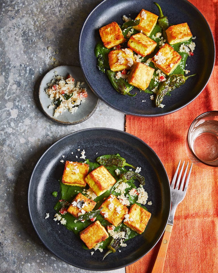 Chickpea gnocchi with padrón peppers and spinach coconut sauce