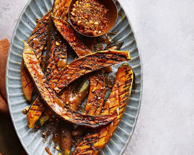 Grilled aubergine with peanut and spice crust