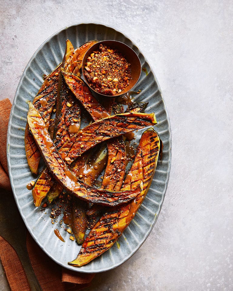 Grilled aubergine with peanut and spice crust