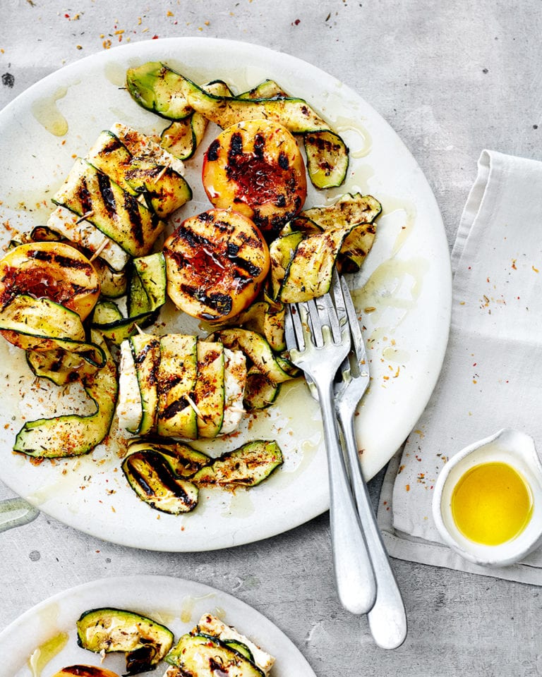 Feta parcels with grilled courgettes and peaches