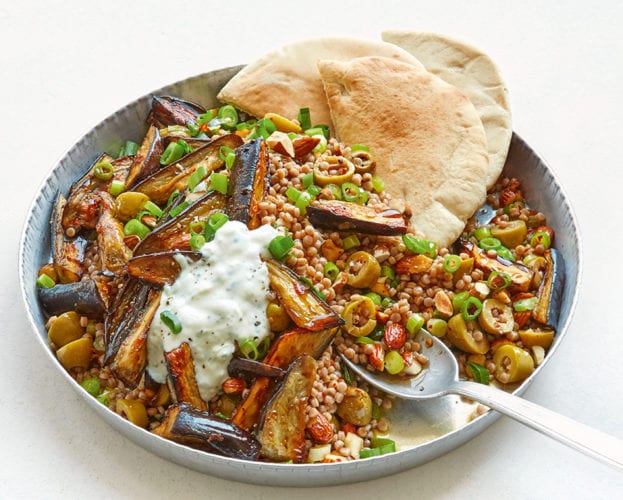 Roast aubergines with giant couscous and tzatziki
