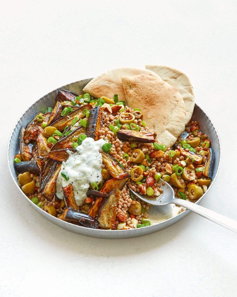 Roast aubergines with giant couscous and tzatziki