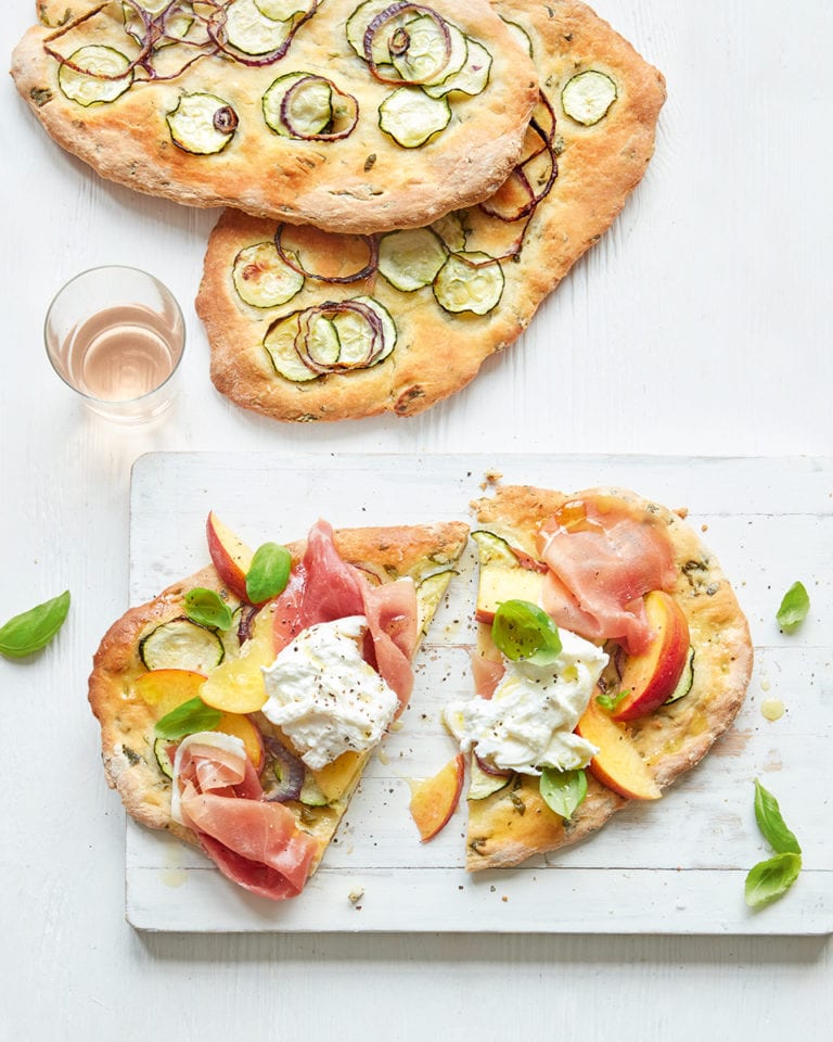 Courgette flatbreads with ham, peaches and burrata