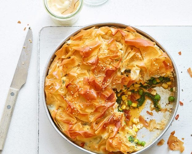 Feta spinach pea and sweetcorn pie