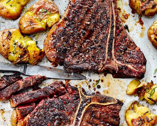 T-bone steak with coffee rub and rosemary potatoes