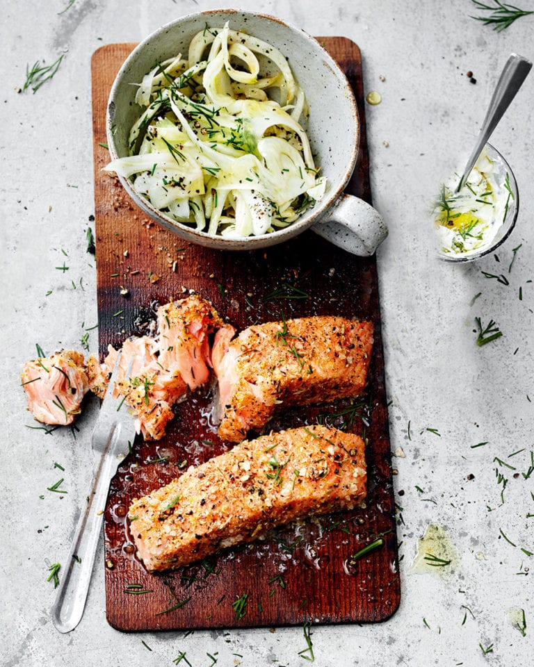 Salmon with lemon and ginger rub and fennel salad