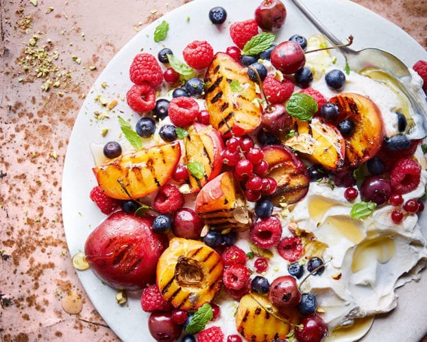 Grilled fruit salad with honey labneh