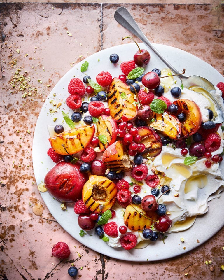 Grilled fruit salad with honey labneh