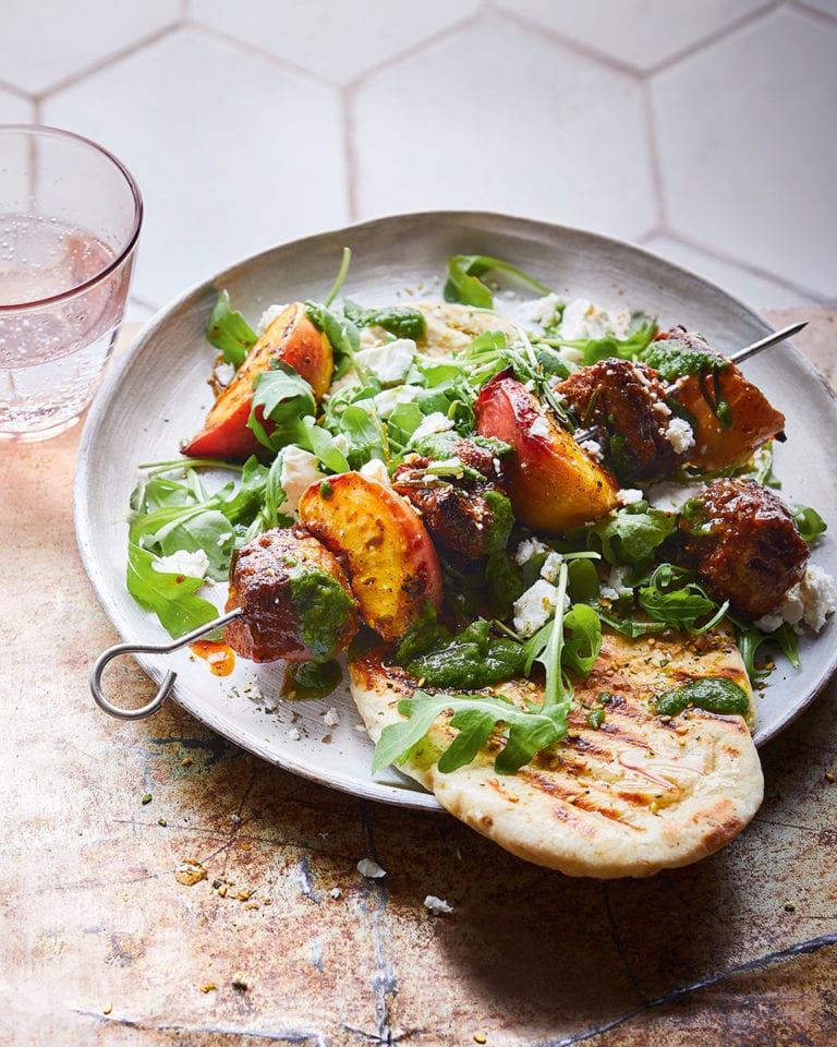 Lamb and peach skewers with za’atar flatbreads and herby sauce