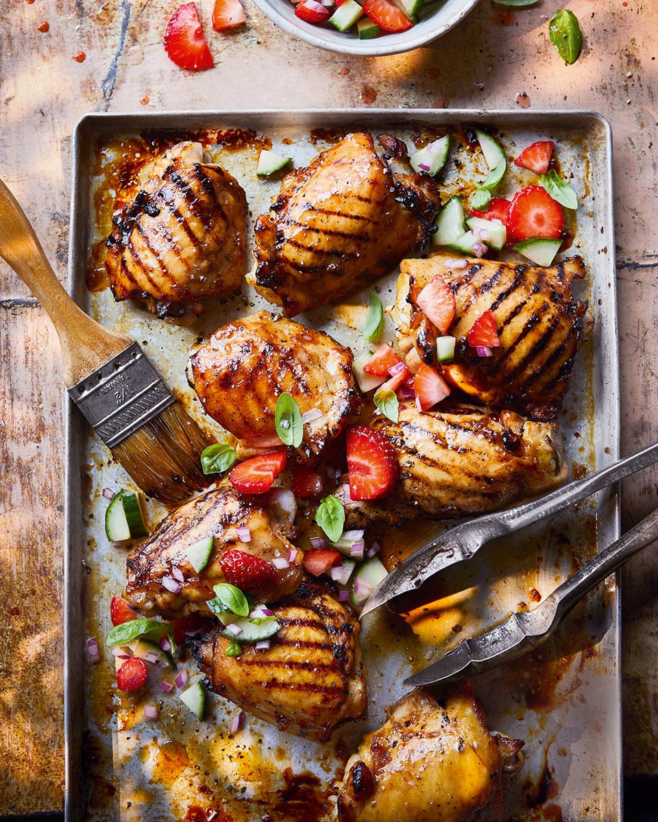 Pimm's glazed chicken with strawberry and cucumber salad