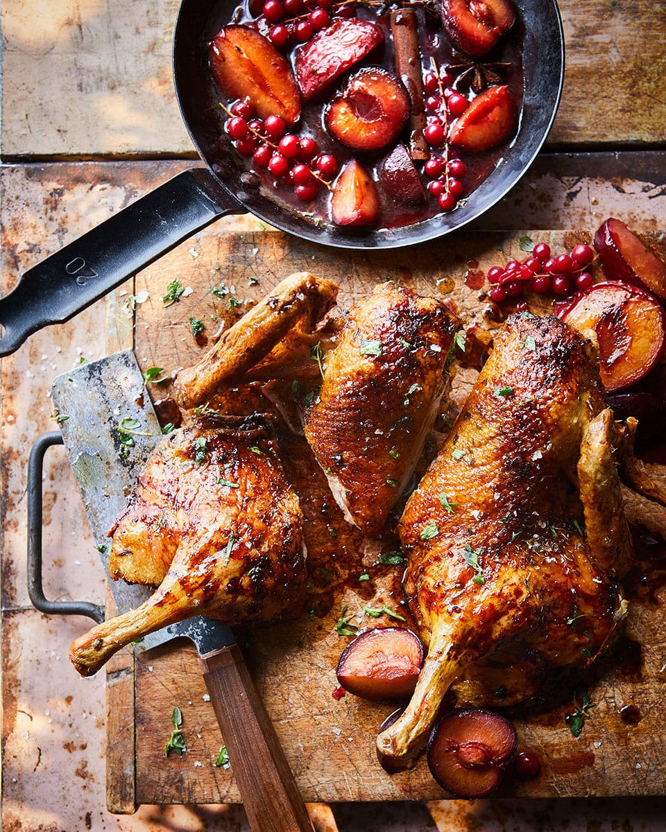 Spatchcock Duck with Plums & Redcurrants