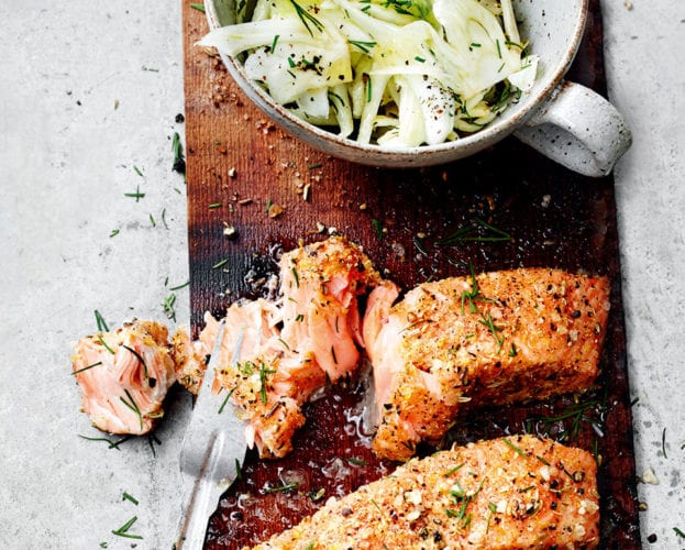 Salmon with lemon and ginger rub and fennel salad
