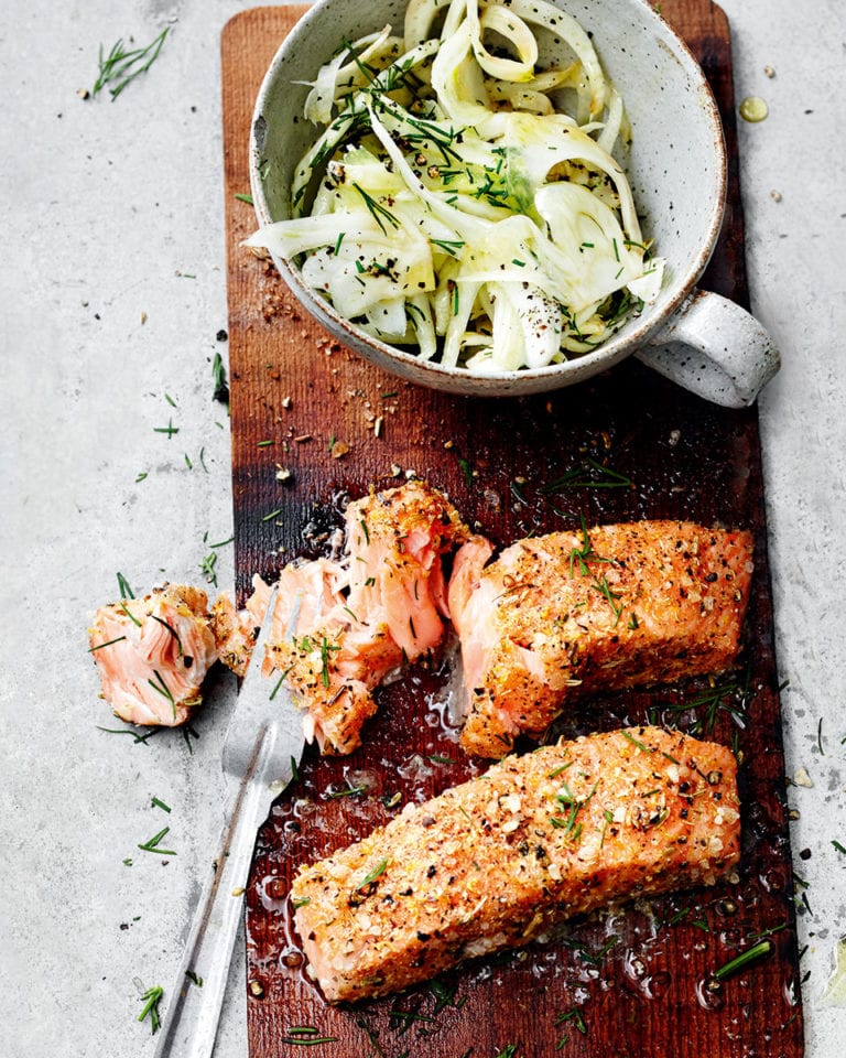 Salmon with lemon and ginger rub and fennel salad