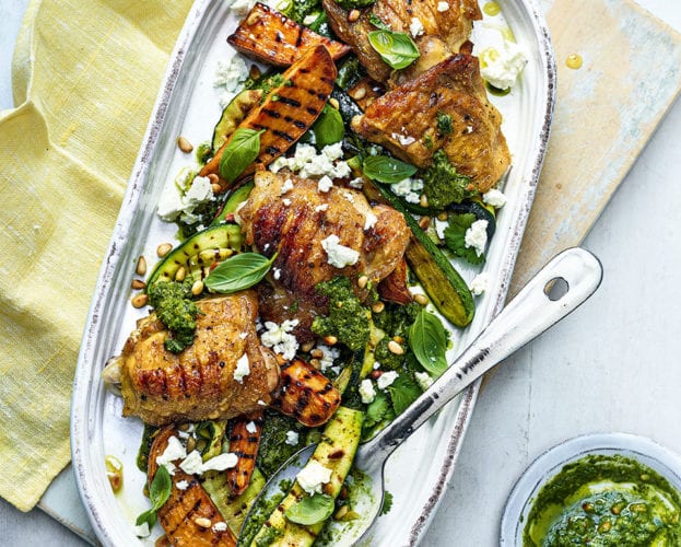 Grilled chicken thighs with sweet potato wedges, courgettes and feta