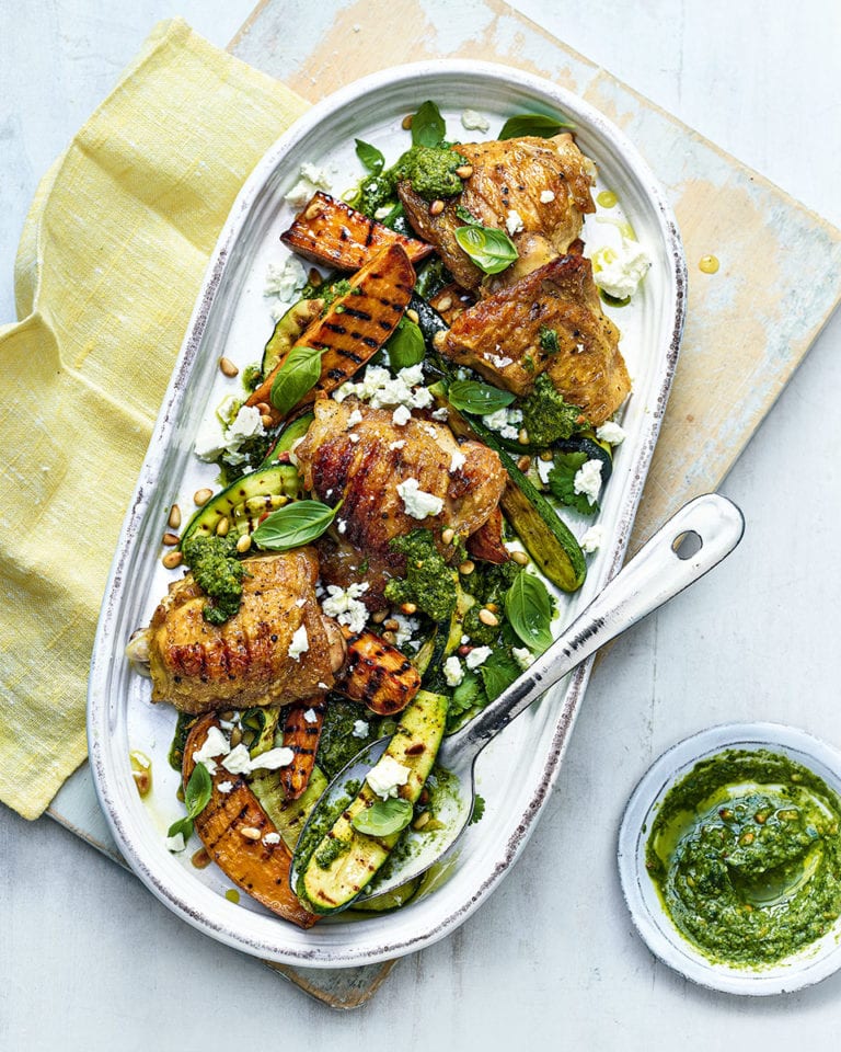 Grilled chicken thighs with sweet potato wedges, courgettes and feta