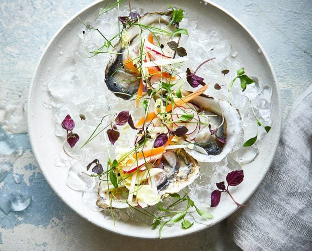 Oysters with dongchimi (radish kimchi)