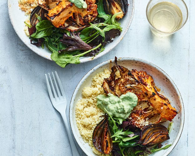 Harissa-spiced cauliflower with creamy avocado and couscous
