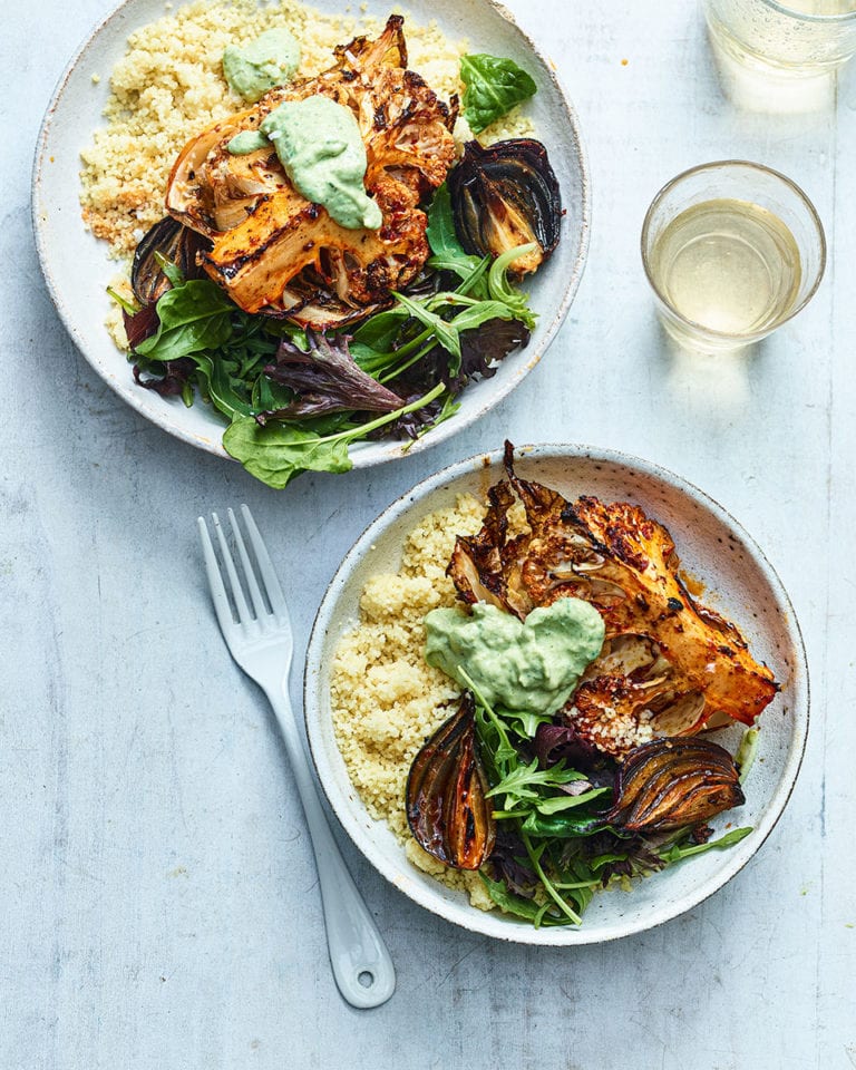 Harissa-spiced cauliflower with creamy avocado and couscous