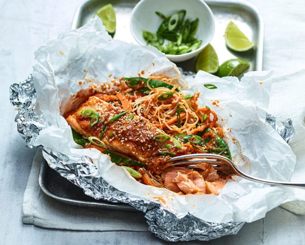 Salmon noodle parcels