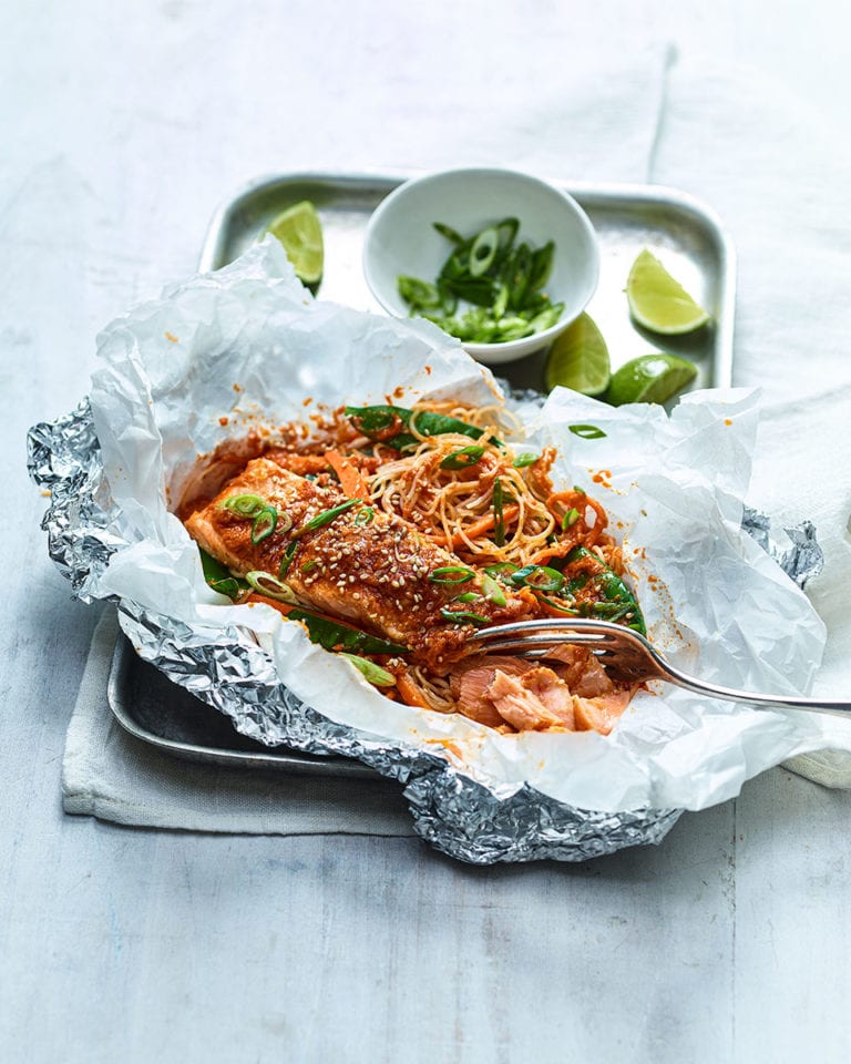 Salmon noodle parcels