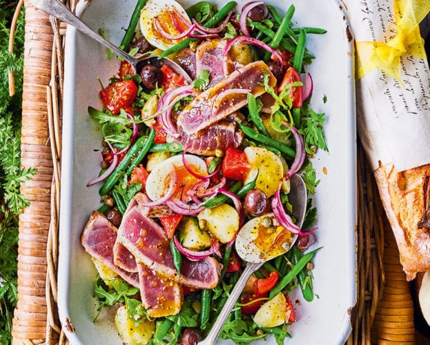 Seared tuna steaks and nicoise salad