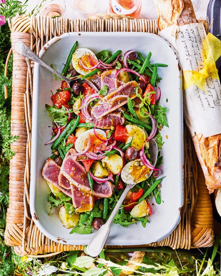 Seared tuna steaks and nicoise salad