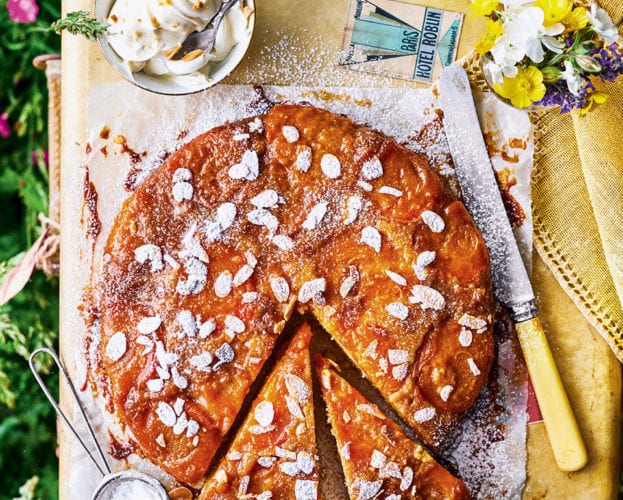 Upside-down apricot cake with amaretto mascarpone cream