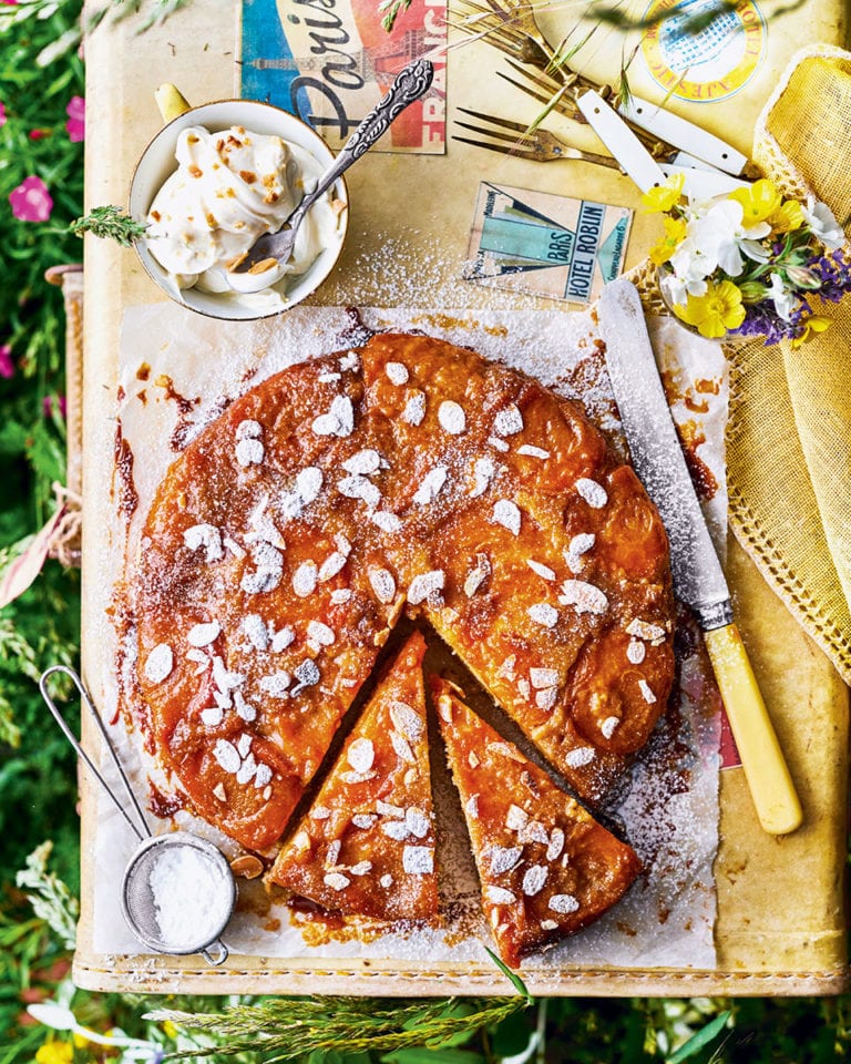 Upside-down apricot cake with amaretto mascarpone cream