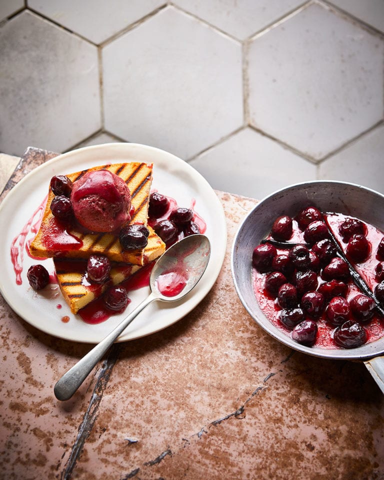 Cherry and rosé sorbet with cherry compote and grilled madeira cake