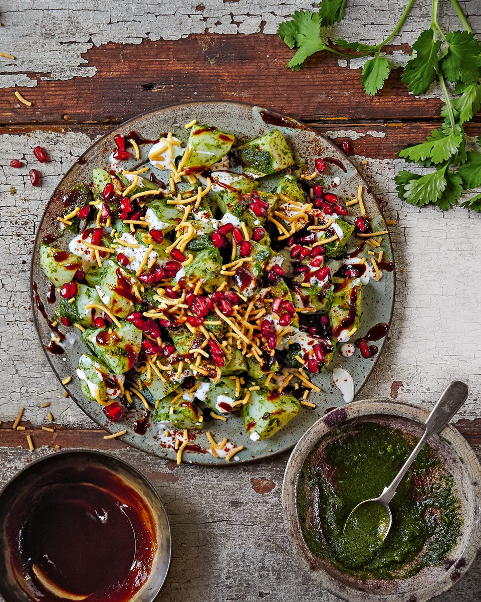 Sour and spicy potatoes (alu chaat) with chutneys - delicious. magazine